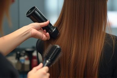 Professional blowout finishing a hairstyle.