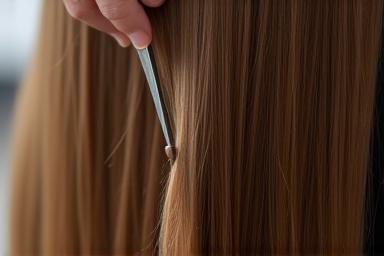Hair extensions being blended into natural hair.