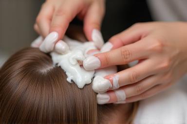 Hair treatment product being applied.